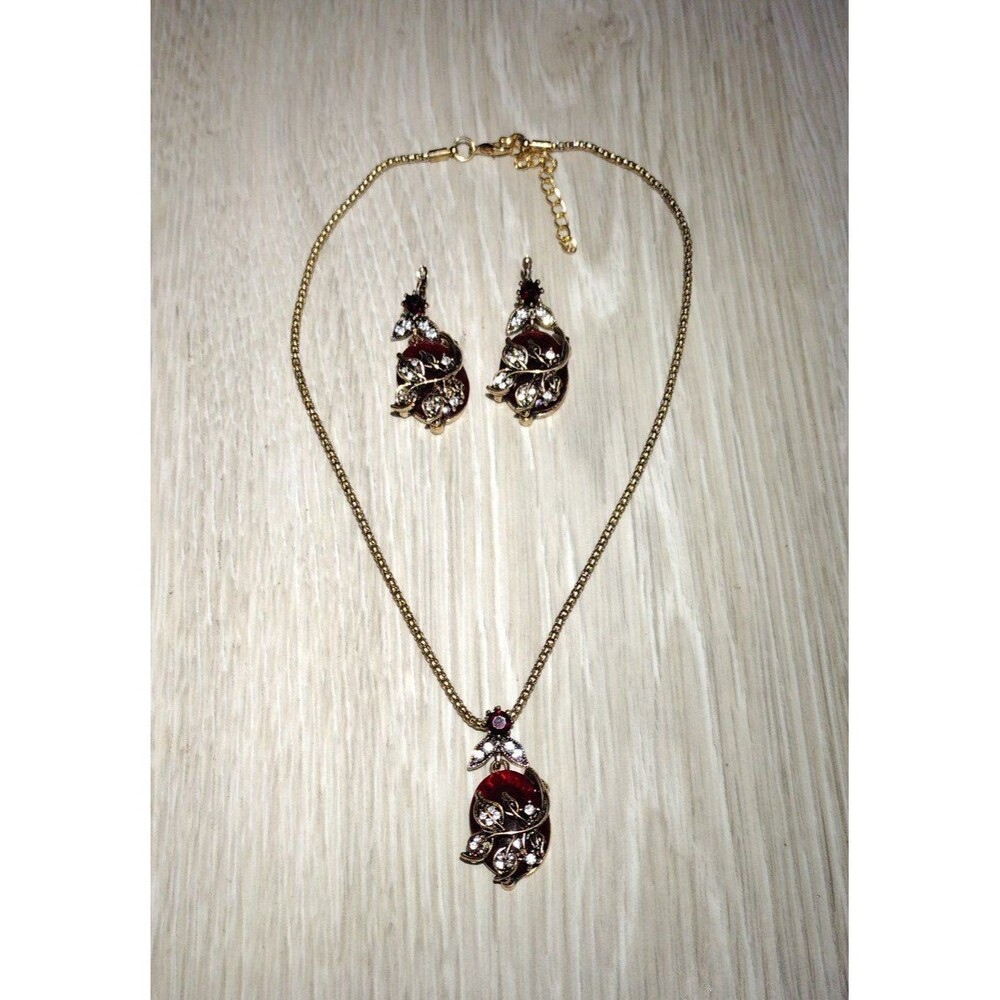 Necklace & Earrings Set - Dark Ruby Like Red & Diamond like Accents - Picture 2 of 7